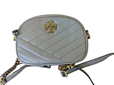 Tory Burch Kira Chevron SM Camera Bag Quilted Cloud Blue Rolled Brass Gold
