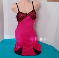 Vintage 60's Full Slip Dress Chemise European Retro Dark Pink Black Lace M