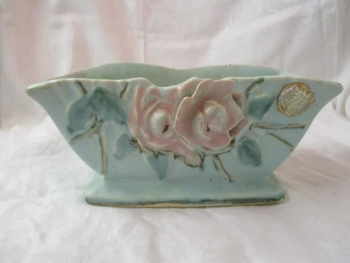 Vintage McCoy Pottery Planter Hand Painted green with pink Roses Paper Label