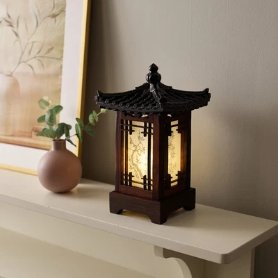 ANTIQUE ALIVE Carved Wood Lamp Lantern Brown Asian Bedside Bedroom Table Light Home Art Decor