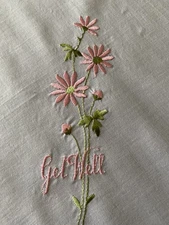 Lovely Vintage Embroidered “Get Well” w/Pink Daisies ~ 10 1/2” SQ White Hanky 🎁