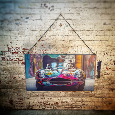 Jaguar E-Type Wandbild bunter Oldtimer 120x60cm UK Made mit Kette