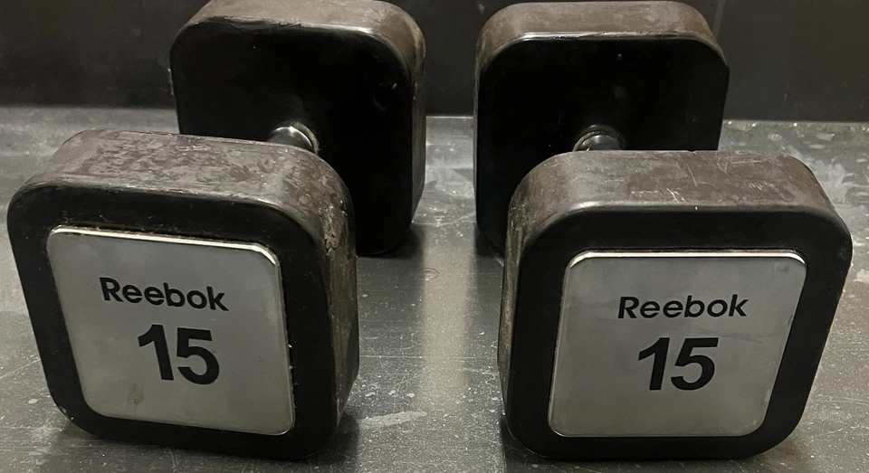 RARE 2 Vintage Reebok Square Head 15 LBS Dumbbells Rubber Coating Super Cool - Image 2 of 4