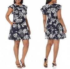 NWT Eliza J Floral Ruffle Sleeve Lace Fit & Flare Dress Navy Size 6