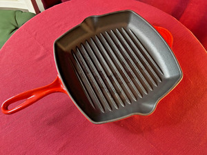 Le Creuset Red Enameled Cast Iron Square Grill Pan Skillet Griddle 10.25"