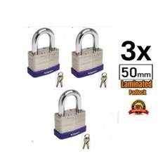 Image of 3x Laminated Padlocks Steel Short Shackle Riveted Body - Weatherproof - Set of 3