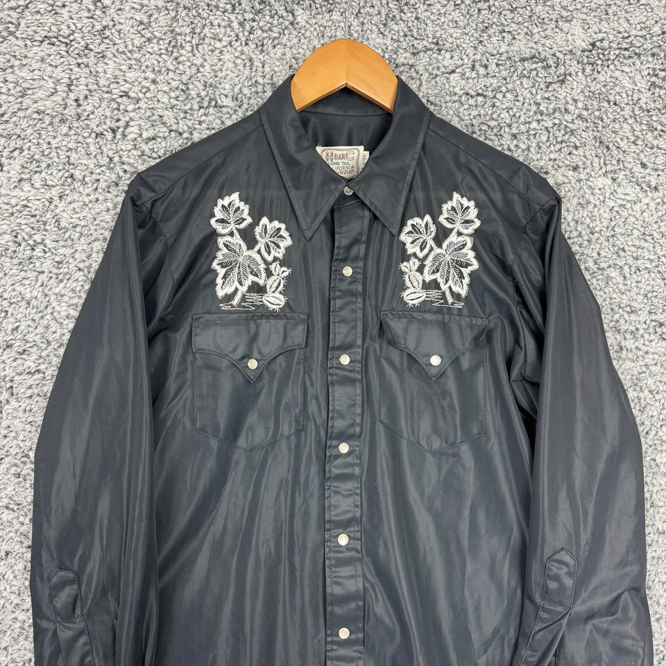 H Bar C California Ranchwear Shirt Mens M 16 33 Black Embroidered Snap VTG 70s - Image 3 of 4