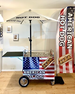 Food Cart Hot Dog Stand Gastronomie Wagen Ständer und Ihren Werbebannern Neu HQ