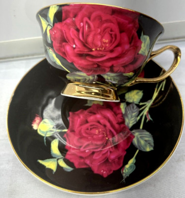 Grace Tea ware Black Red Rose Floral Tea Cup & Saucer Set Fine Porcelain New