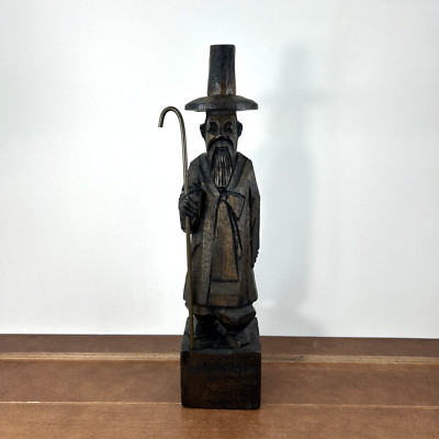 Vintage Hand Carved Wooden Wise Man Statue With Cane 10'' Tall Folk Art Figurine