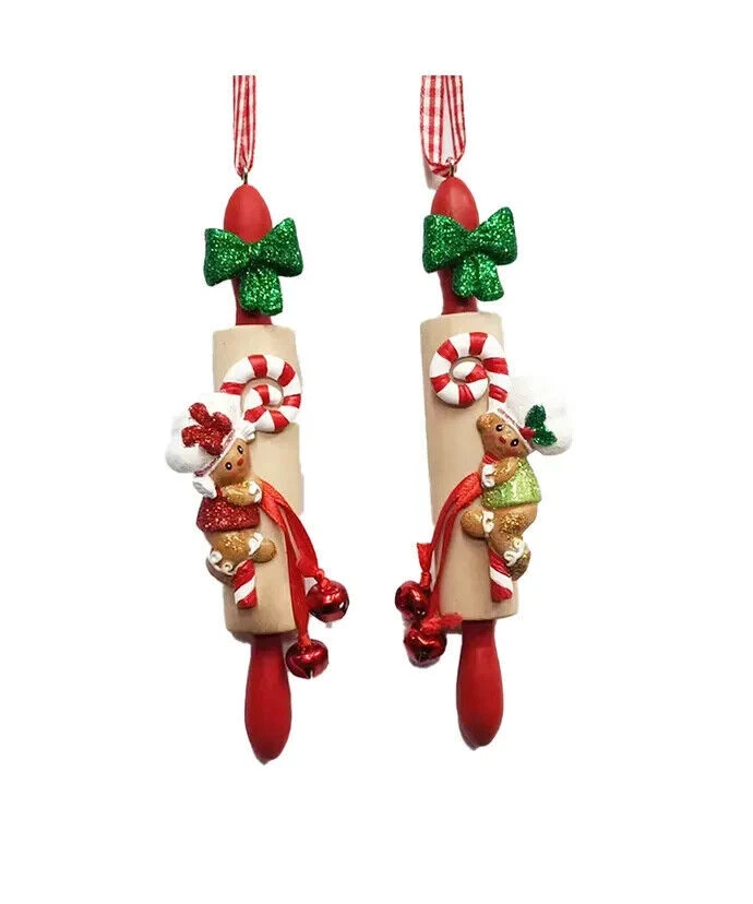 Set of 2 Gingerbread Boy & Girl On Rolling Pin Ornaments H5682 w