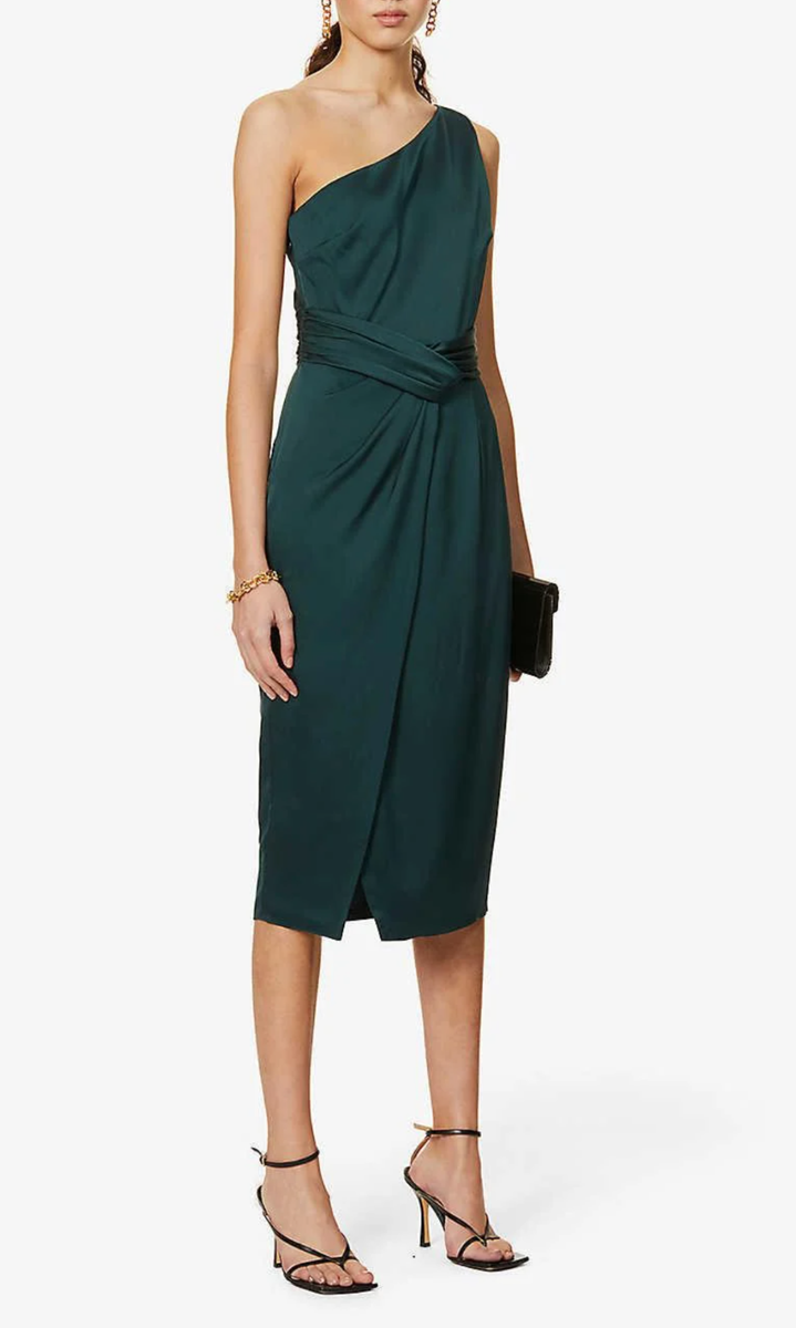 ted baker green satin dress LONDON NWT One-Shoulder Pleated Waist Sheath Midi US 2 XS Midi dresses
