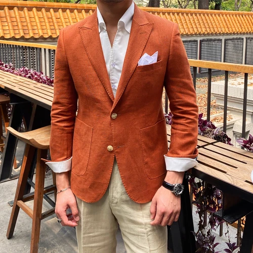 Men 100% Linen Blazer Peak Lapel Suit Jacket Coat Formal Casual Slim Top Outwear - Picture 3 of 18