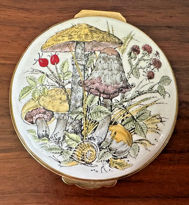 Crummles & Co Enamel Trinket Pill Box with Mushrooms Snail Plants