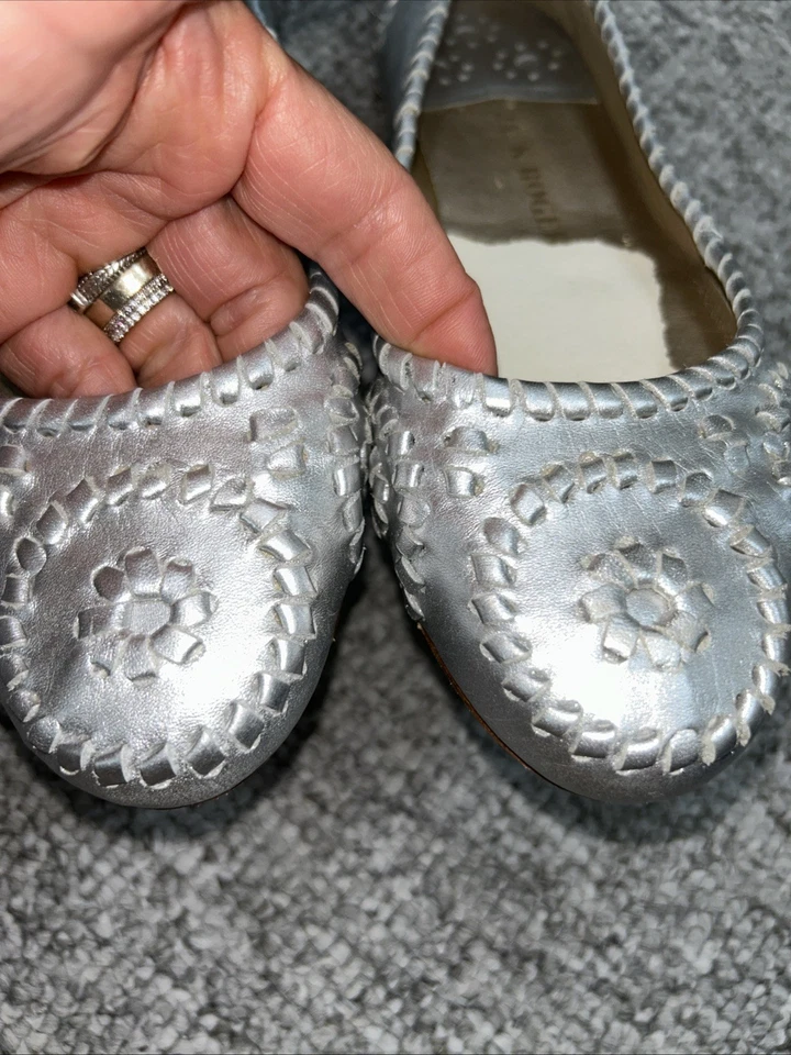 Jack Rogers Women's Sz 9 Navajo Leather Ballet Flats Silver Metallic Woven - Image 3 of 4