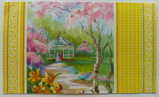 Victorian ladies at spring garden gazebo vintage Birthday greeting card #B30