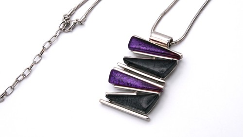 Geometric Modernist Pendant Necklace - Purple, Black, Silver w/ Snake Chain