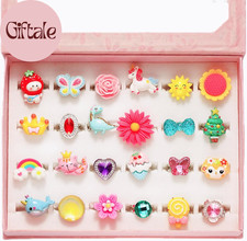 Little Girl Jewel Rings in Box, Adjustable, No Duplication, Girl Pretend Play an