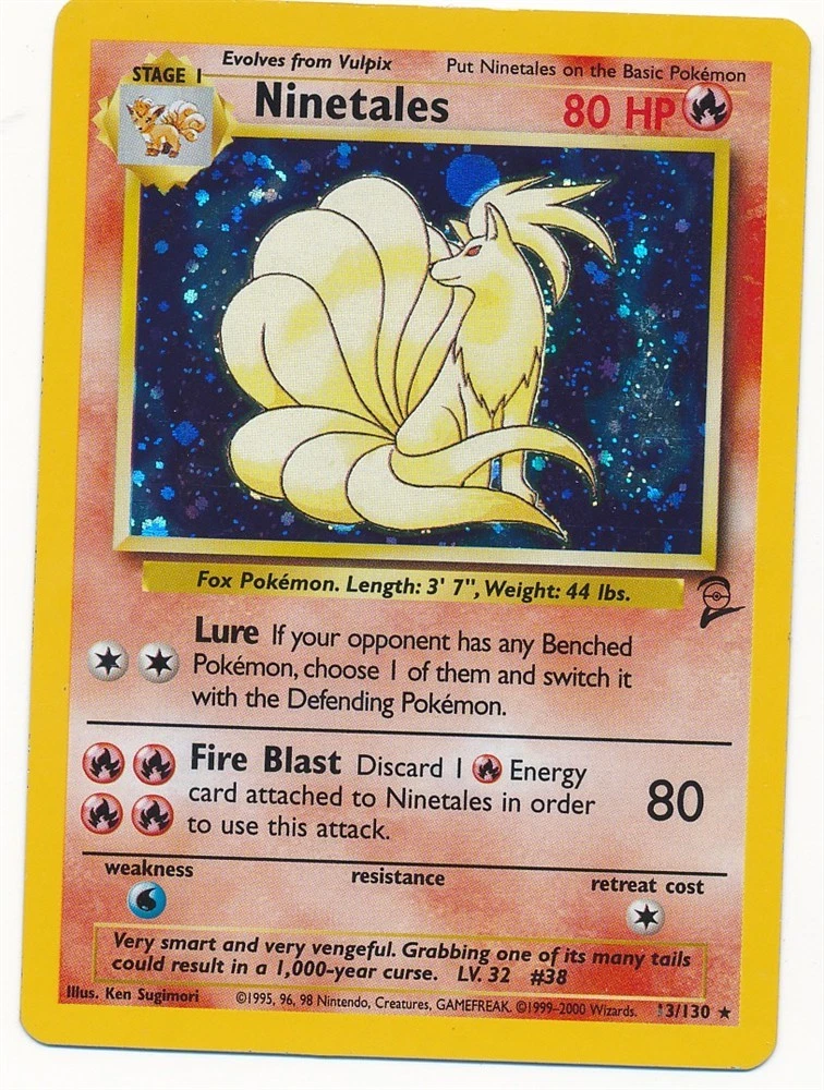 1999 POKEMON BASE SET 2 HOLO RARE NINETALES #13/130 LIGHTLY PLAYED