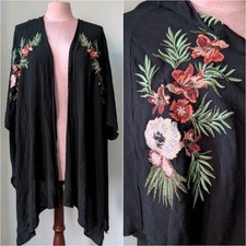 Xhilaration Layering Jacket Kimono Cover Up XS/S Black Floral Embroidery