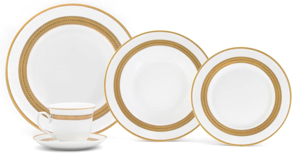 Conjunto de 5 Louças Royalty Porcelain "Queen" Branco e Dourado, Banhado a Ouro 24K - Imagem 3 de 4