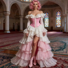 Fantasy Victorian Prom Dress Pink White Corset Off Shoulder Split Lace Ruffle