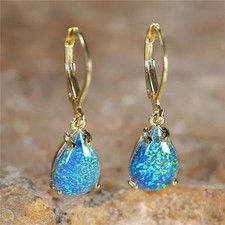 9ct Gold Gf Opal White Fire Stone Teardrop Boho Lever Back Earrings