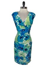 LAUREN RALPH LAUREN Size 8 Sheath Dress Blue Green White Floral Stretch Knit