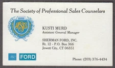 Sherman Ford Society Professional Sales Counselors business card Jewett City CT