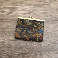 Vintage Black Asian Floral Needlepoint Clasp Coin Purse 3.5"x3"