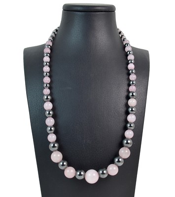 Collier Quartz Rose Et Hématite - Argent 925, 46.5 Cm, Fabriqué En Italie