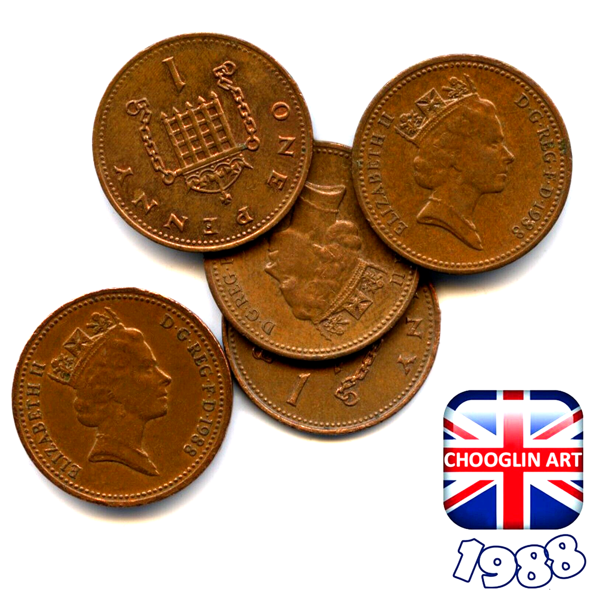 Set of (x5) BRITISH 1988 ELIZABETH II PENNY 1p coins, 38 Years Old