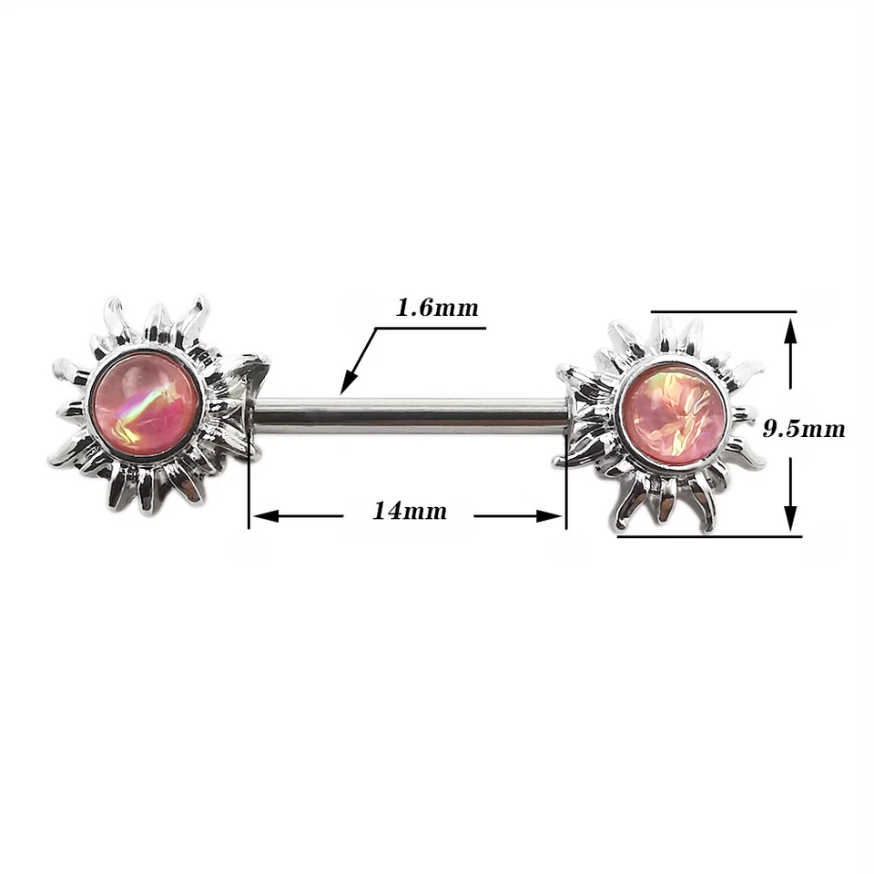 Par de anillos de pezón con barra de acero inoxidable 14G 9/16" para flor solar piercing para pezón Foto 2 de 4
