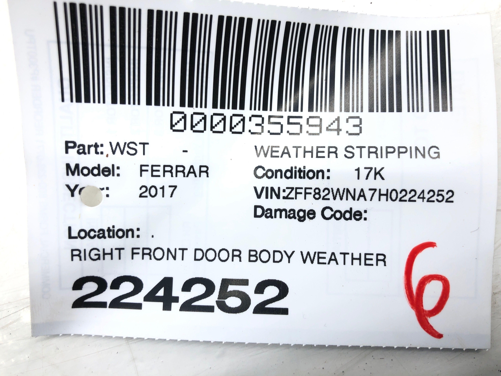 2017-2020 FERRARI GTC4LUSSO RIGHT FRONT DOOR BODY WEATHER STRIP SEAL SET OEM