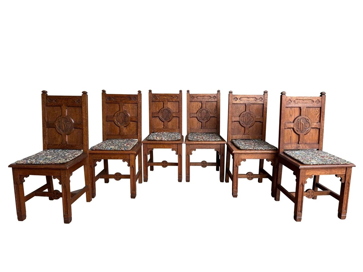 Set of Antique Reclaimed Solid Oak Altar Church Chairs Wooden