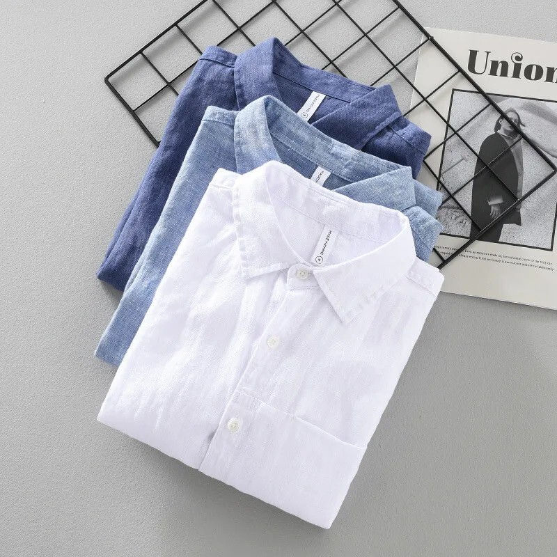Men 100% Linen Shirt Long Sleeve with Button Solid Color Casual Pure Linen  Shirt | eBay