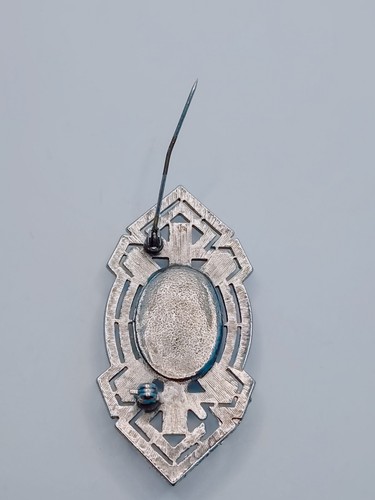 Vintage Cabochon Collar Brooch MCM 1980s Oval Black Stone Silver Tone Brooch Pin - Picture 8 of 8