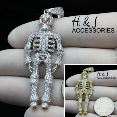 MEN 925 STERLING SILVER ICY CZ GOLD PLATED/SILVER HUMAN SKELETON PENDANT*ASP334