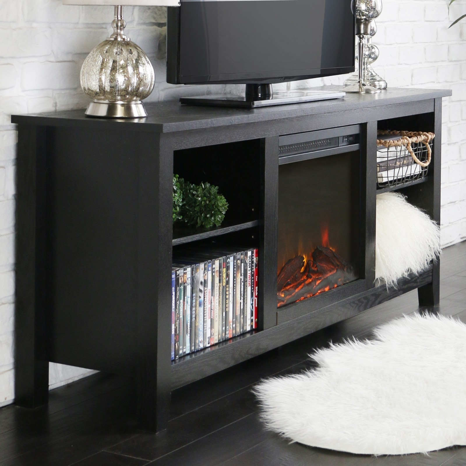 Media Console Fireplace TV Stand Electric Adjustable Shelves Black Finish New 