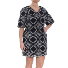Ralph Lauren Shift Dress Sz 14 Black Stitch Pull Over Lined Balloon Short Sleeve