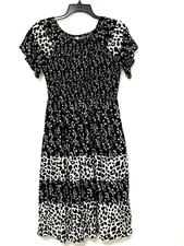 NY Collection Petite Size PS Black & White Smocked Tiered Short Sleeve Dress