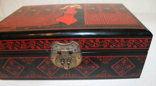 Elegant Asian Gloss Black & Red Lacquered Jewellery Ring Box Velvet Inner Shelf - Picture 7 of 17