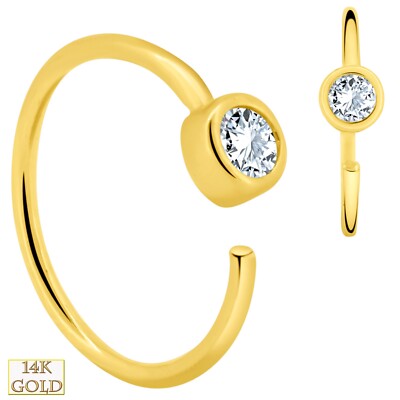 14k Solid Gold Zircon Bezel Setting Twist to Open 8MM 22g Hoops Piercing Ring