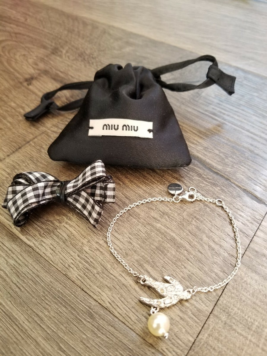 MIU MIU Silver Bird BRACELET Gingham Ribbon Pearl Crystals W