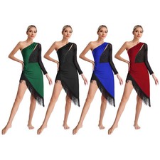 Womens Dance Dress Contrast Color Costume Tango Dancewear Soft Outfit Fringe