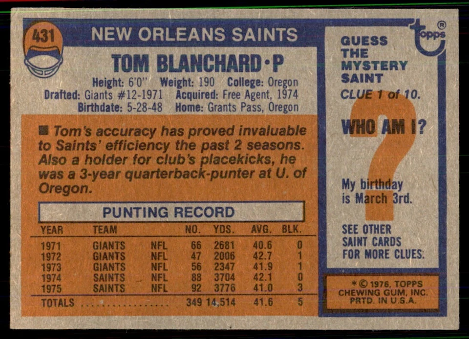 1976 Topps Tom Blanchard Football Cards #431 - Image 2 of 2