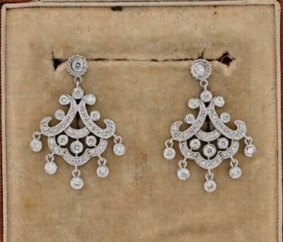 Art Deco Round Lab-Created Diamond New Chandelier 14K White Gold Filled Earrings