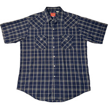 Vtg PLAINS Western Wear Shirt Mens L Blue Plaid Pearl Snap Cowboy Ely Cattleman
