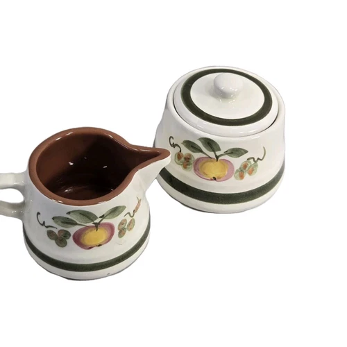 Stangl Creamer and Sugar Bowl Set Apple Delight Ceramic Pottery w/ Lid MCM Era
