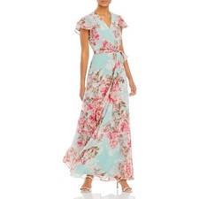 Eliza J Aqua Floral Wrap Maxi Dress with Pink Blooms girly